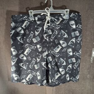 Jaws 80s Movie Black Graphic Swim Trunks Mesh Lined Shorts VG- XL